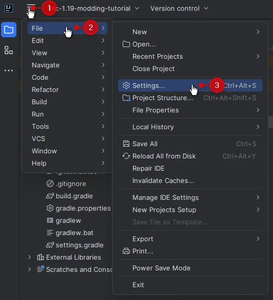 Open settings from file menu